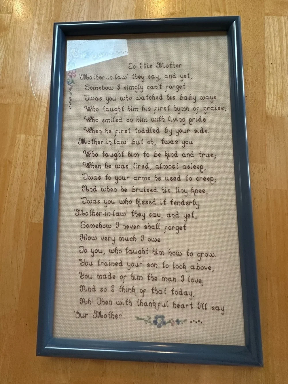 Framed 'To His Mother' Cross-Stitch Wall Art - Blue Frame